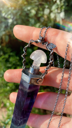 WILD COSMOS Sterling Silver Necklace with Fluorite and Clear Quartz Mushroom