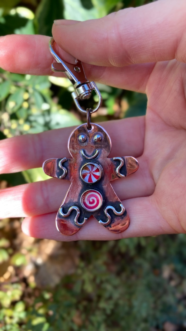 GINGERBREAD FRIEND - Handmade Copper Gingerbread Friend Bag Charm with Glass Candy Gumdrops