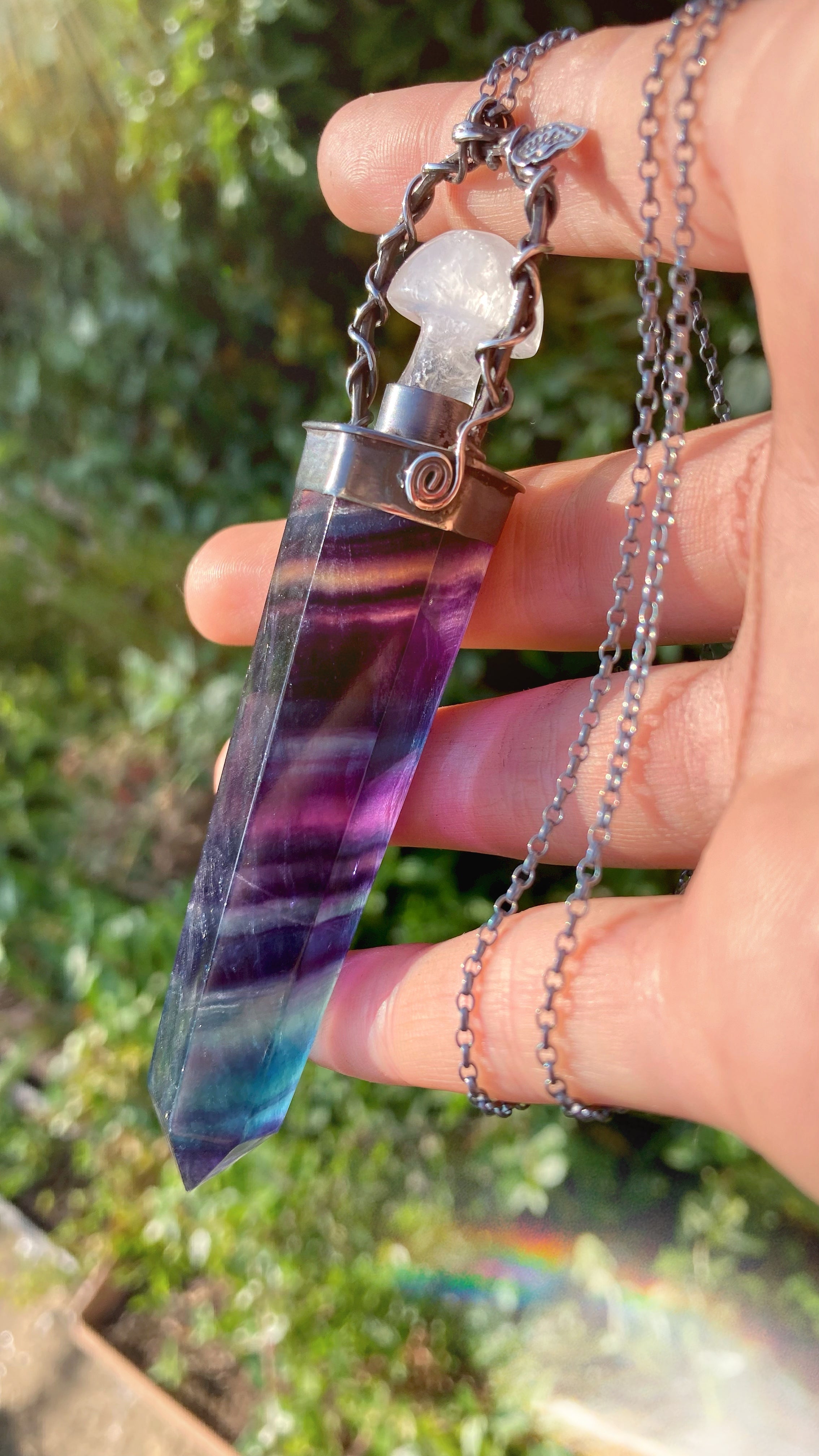 WILD COSMOS Sterling Silver Necklace with Fluorite and Clear Quartz Mushroom