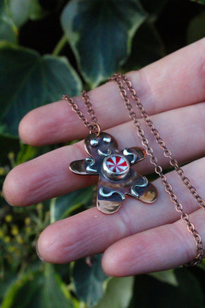 GINGERBREAD FRIEND - Handmade Copper Gingerbread Necklace with Glass Candy Gumdrops