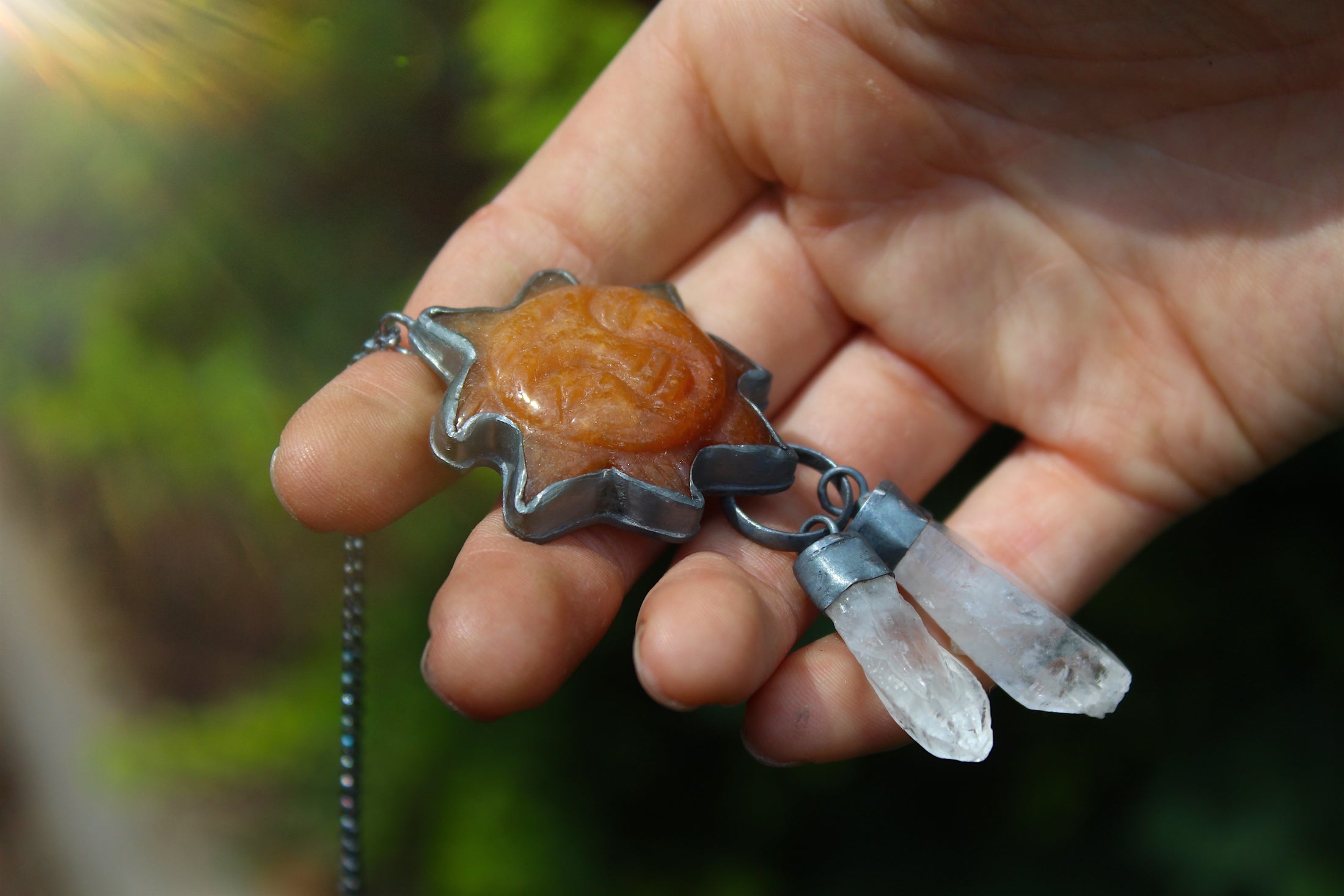 SUNBURST - Handmade Sterling Silver Necklace with Carved Carnelian & Clear Quartz Crystals